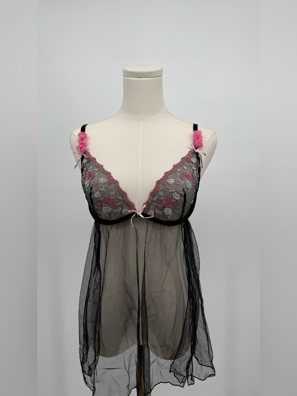 Adore Me Black Sheer Babydoll with Pink Rose Embroidery